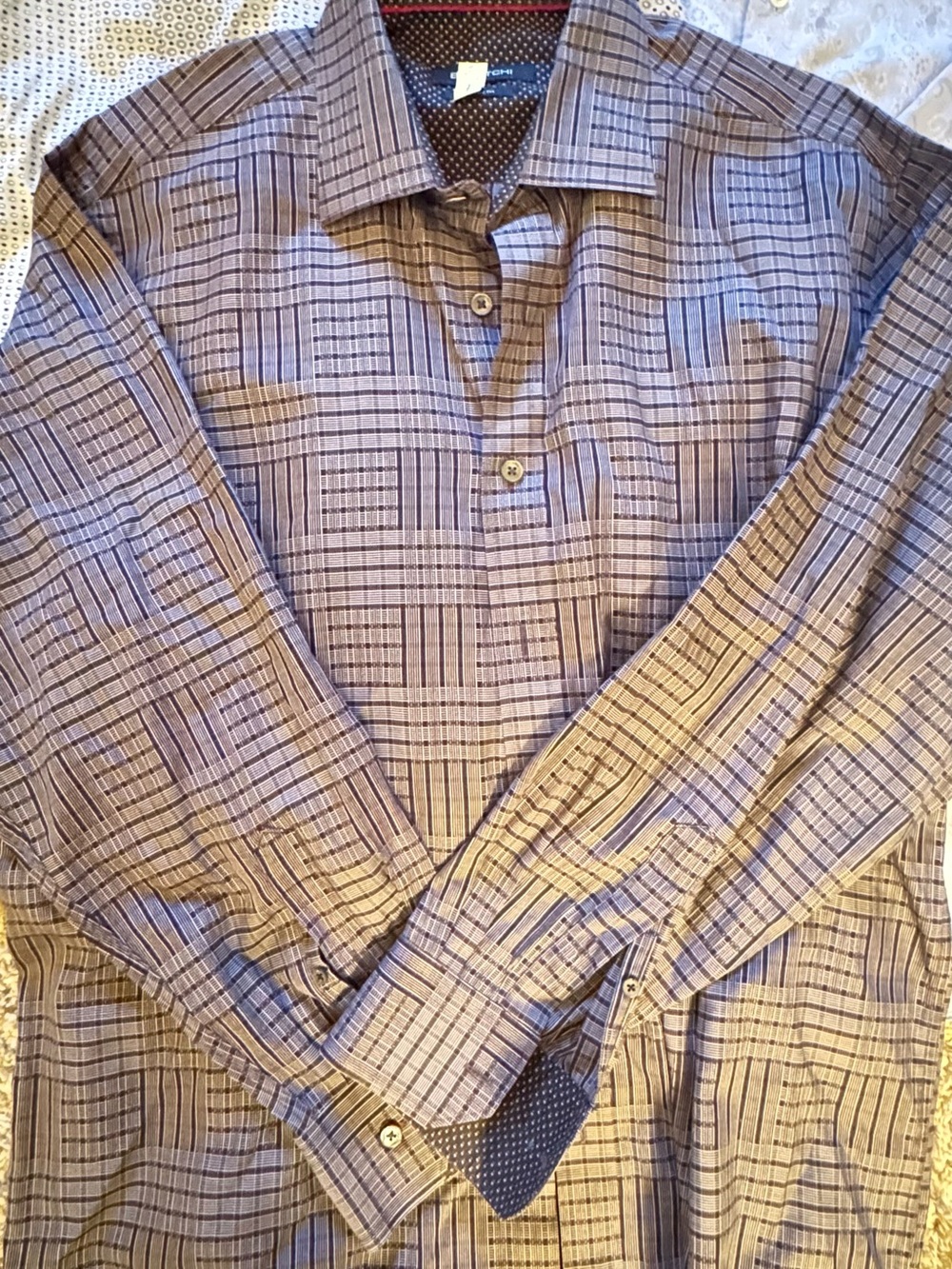 Bugatchi Men's Button-Down Shirt in Navy and Brown Plaid - Picture 2 of 7